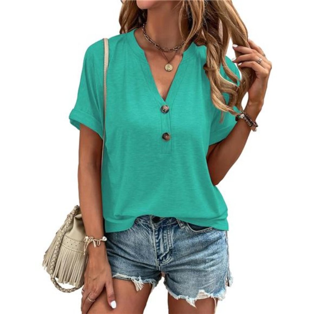 Womens Tops Trendy V Neck Button Down Short Sleeve Tshirts Business Casual